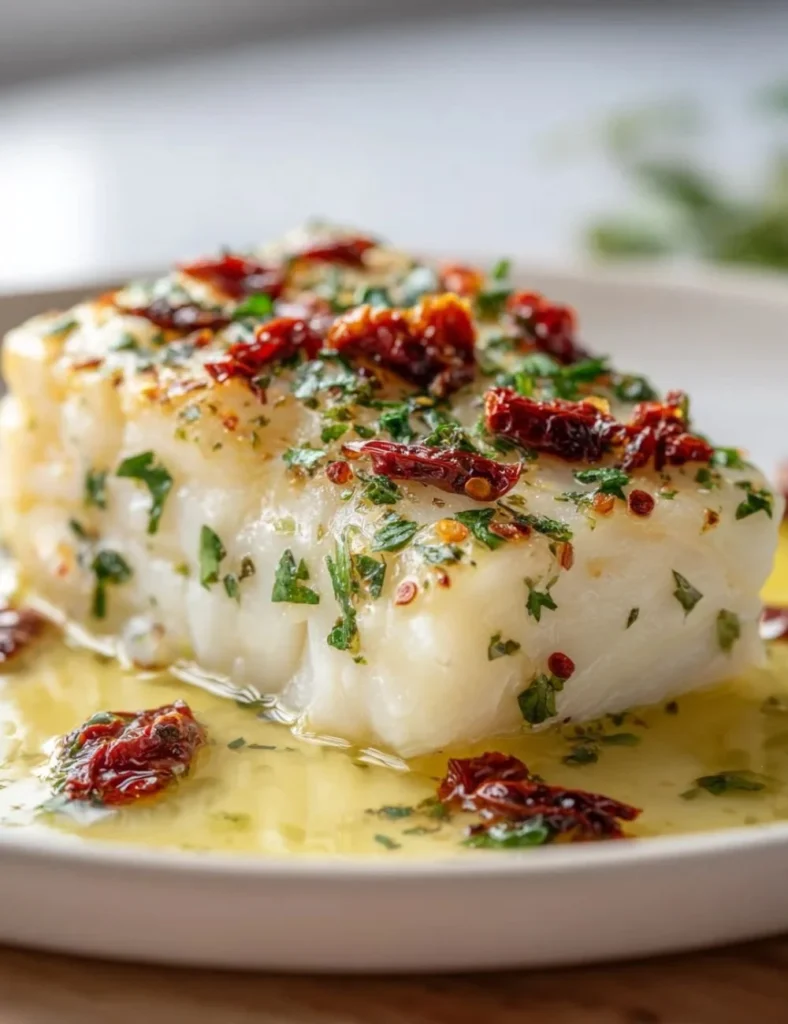 Tender Mediterranean Baked Halibut garnished with herbs and vegetables