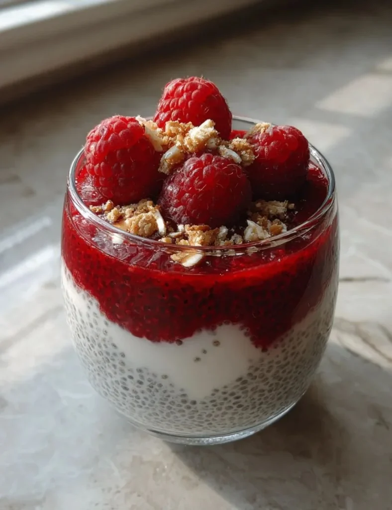 Vanilla Raspberry Chia Pudding topped with fresh raspberries and mint.