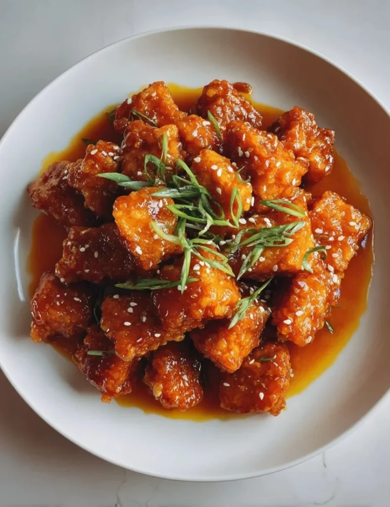 Plate of Vegan Orange Chicken served with rice and vegetables