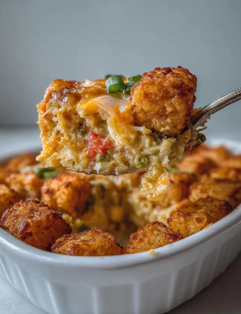 Vegan Tater Tot Breakfast Casserole with colorful vegetables and toppings.