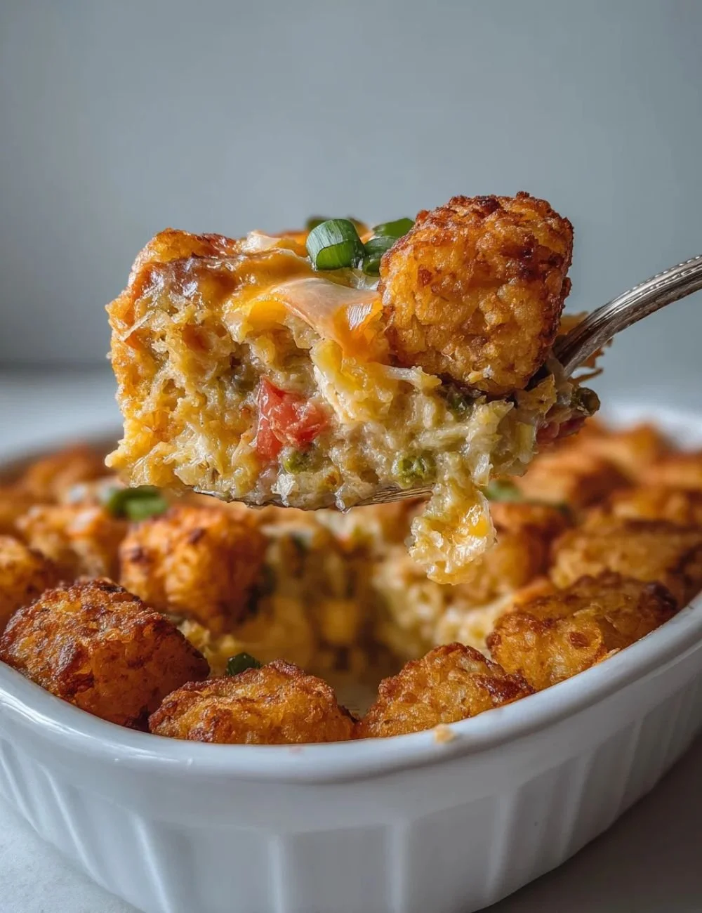 Vegan Tater Tot Breakfast Casserole with colorful vegetables and toppings.