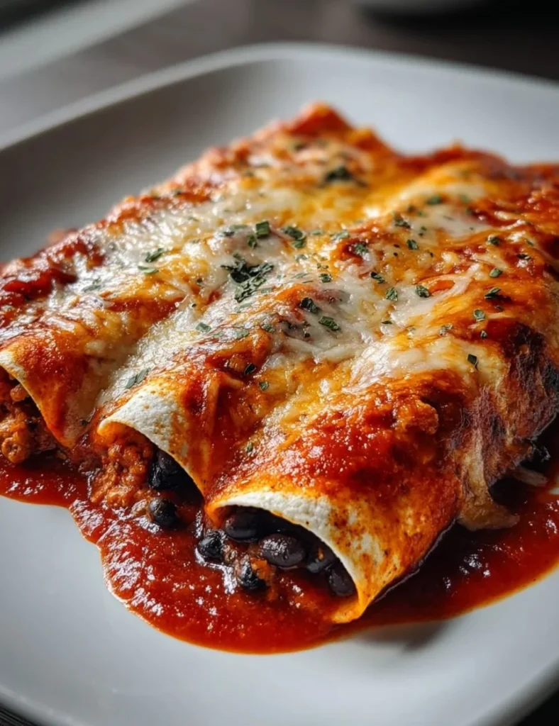 Delicious vegetarian black bean enchiladas garnished with fresh ingredients.