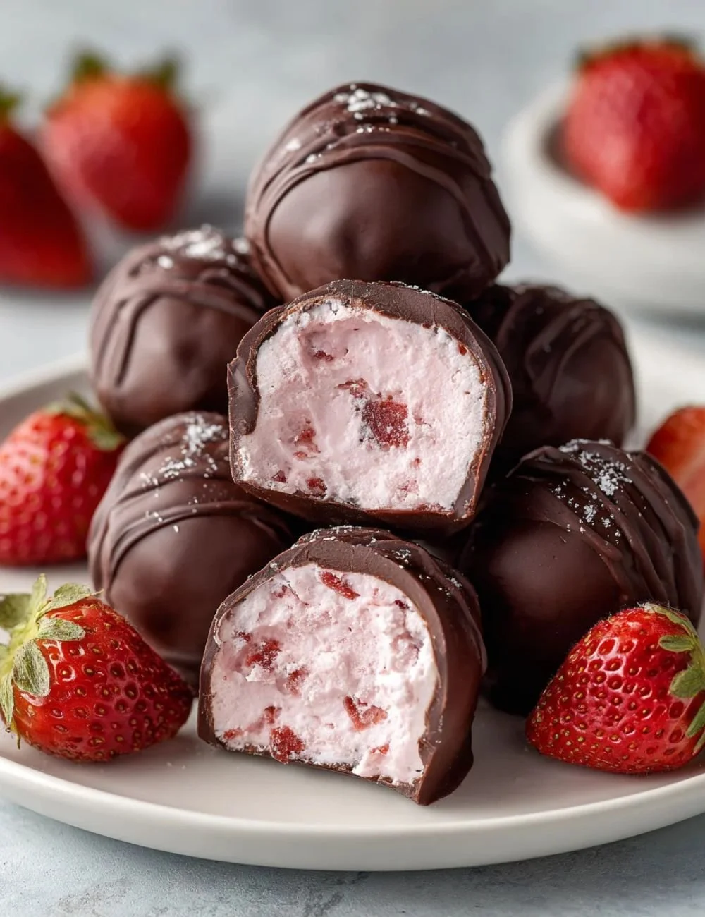 Chocolate strawberry yogurt clusters on a plate, garnished for presentation
