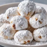Plate of homemade Walnut Snowball Cookies dusted with powdered sugar