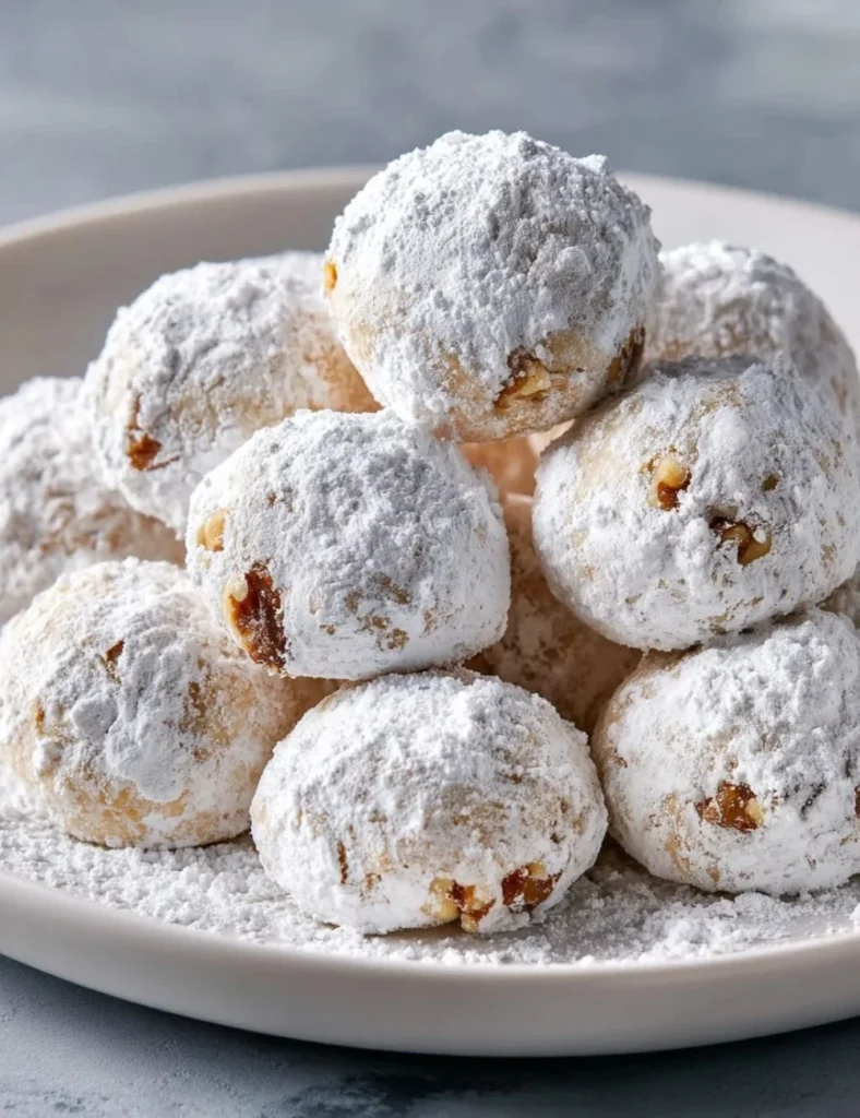 Plate of homemade Walnut Snowball Cookies dusted with powdered sugar