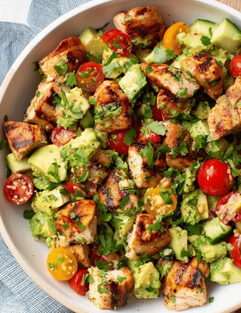 Healthy avocado chicken salad served in a bowl with vegetables