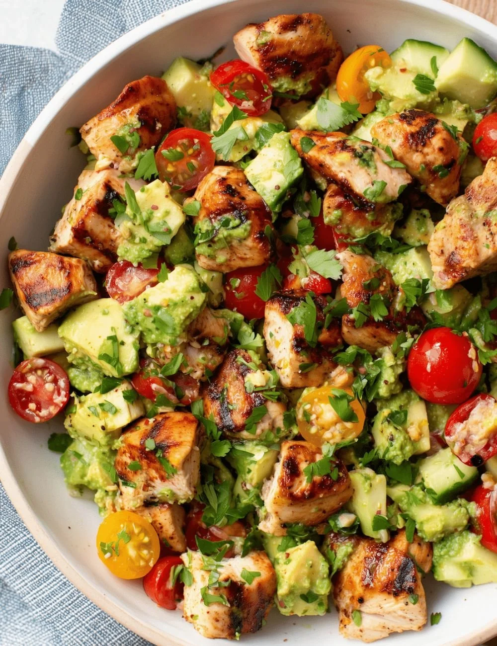 Healthy avocado chicken salad served in a bowl with vegetables