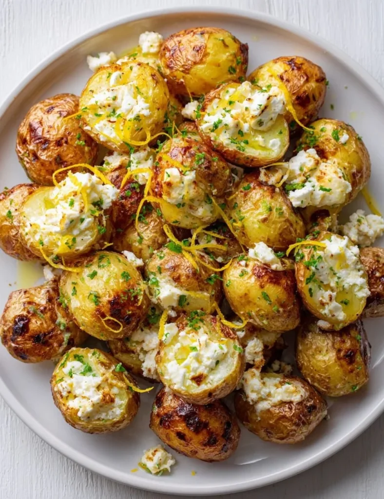 Delicious baked feta potatoes with lemon, served in a rustic dish.