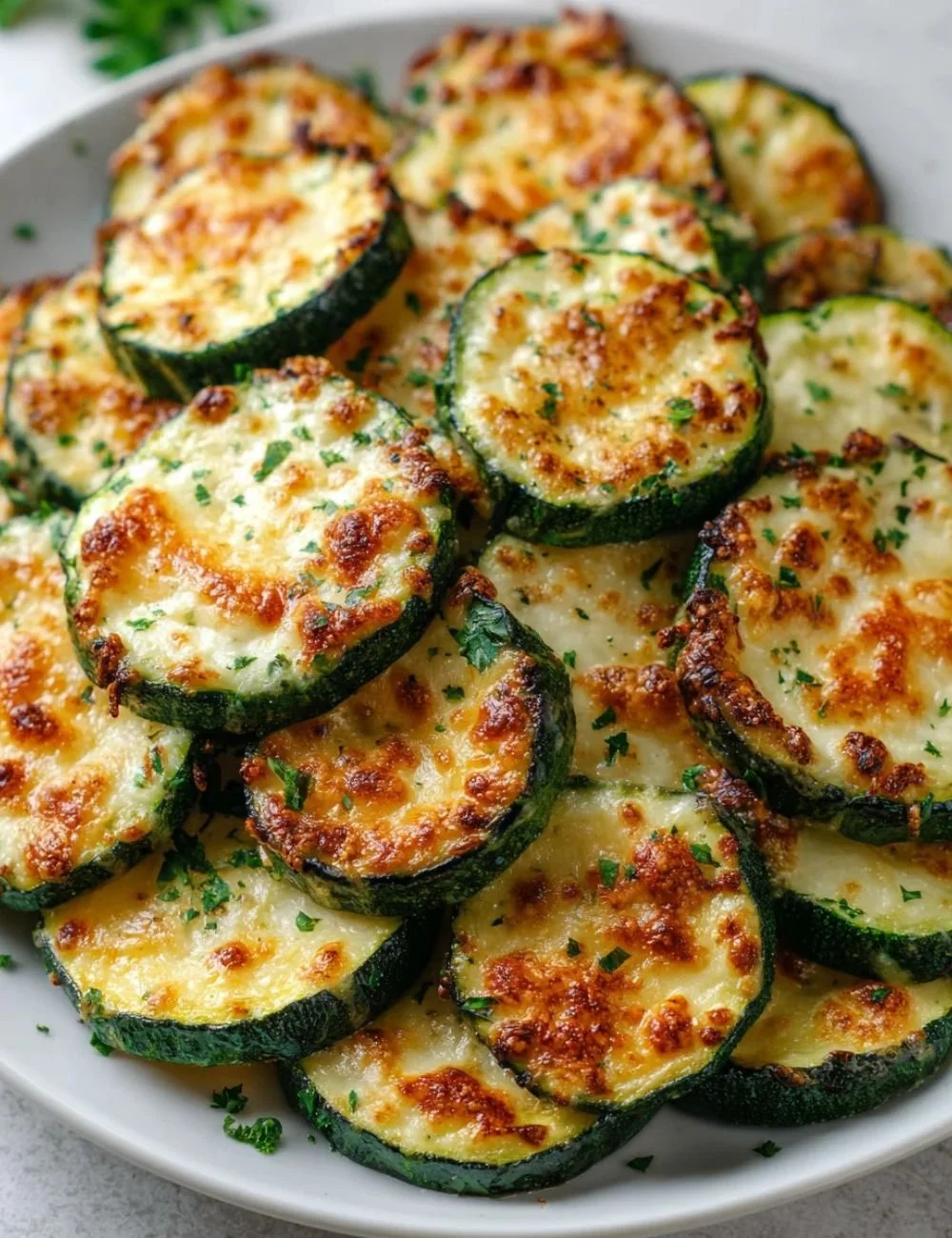 Baked Parmesan Zucchini on a plate garnished with herbs