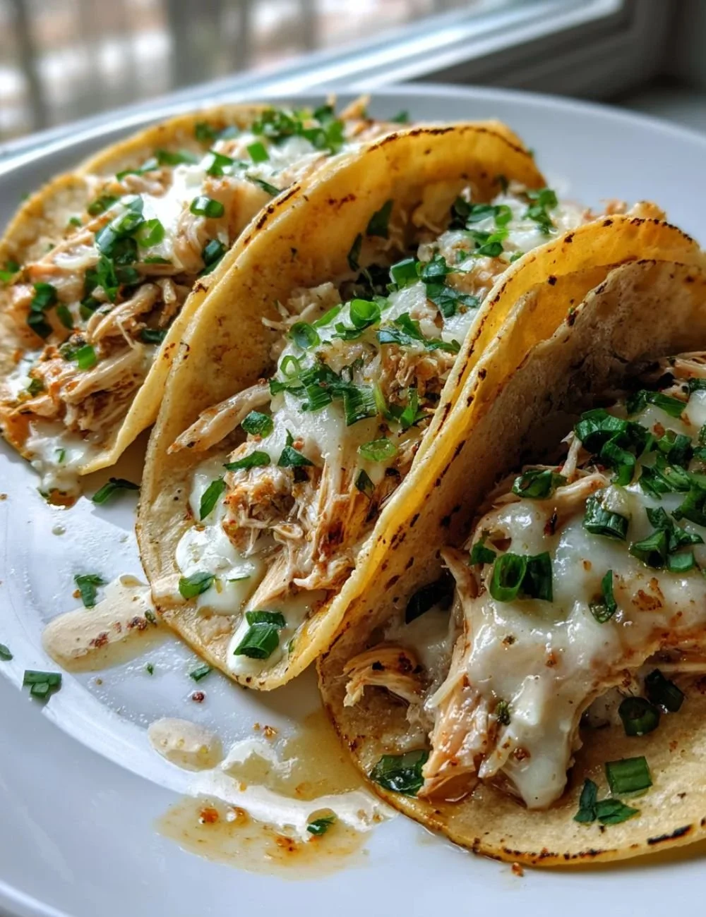 Delicious white chicken chili tacos garnished with fresh toppings