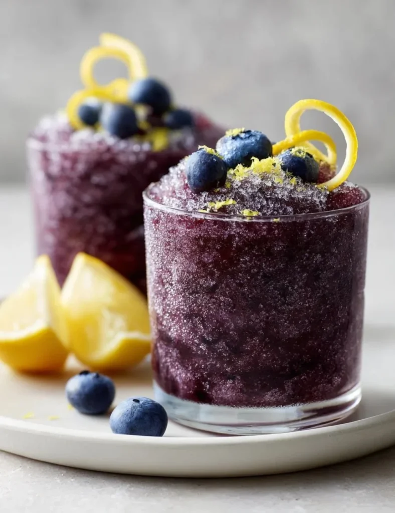 Blueberry Lemon Drop Slushies served in clear cups with fresh blueberries and lemon slices