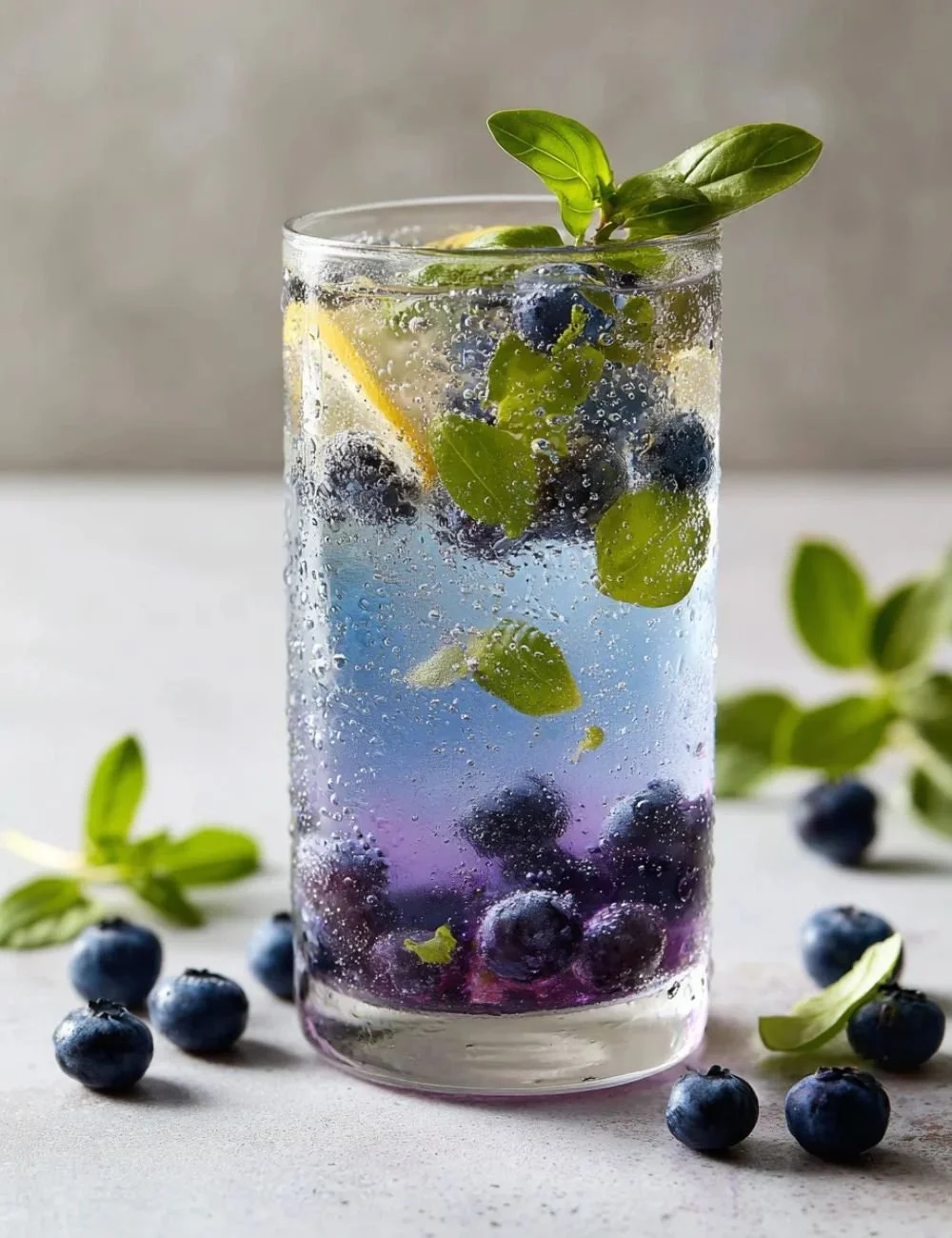 Blueberry Lemon Fresh Herb Mocktail garnished with fresh herbs and blueberries