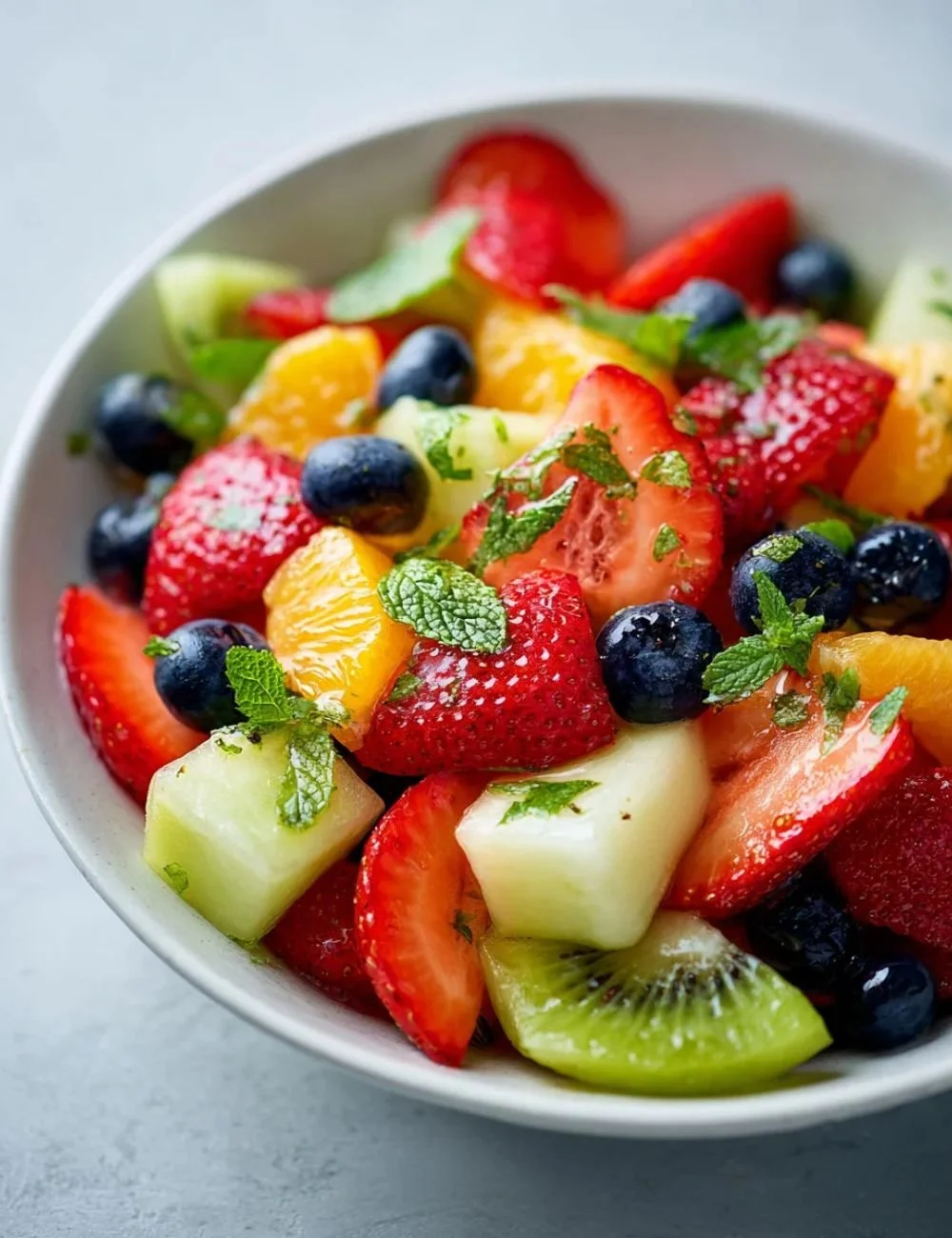 Bowl of colorful breakfast fruit salad with various fruits