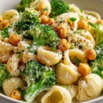 Plate of Broccoli Chickpea Pasta drizzled with garlic olive oil