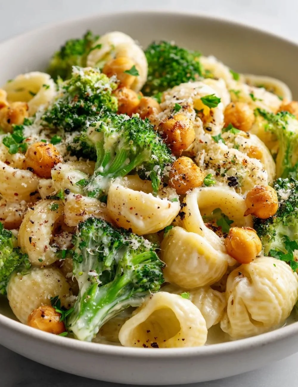 Plate of Broccoli Chickpea Pasta drizzled with garlic olive oil