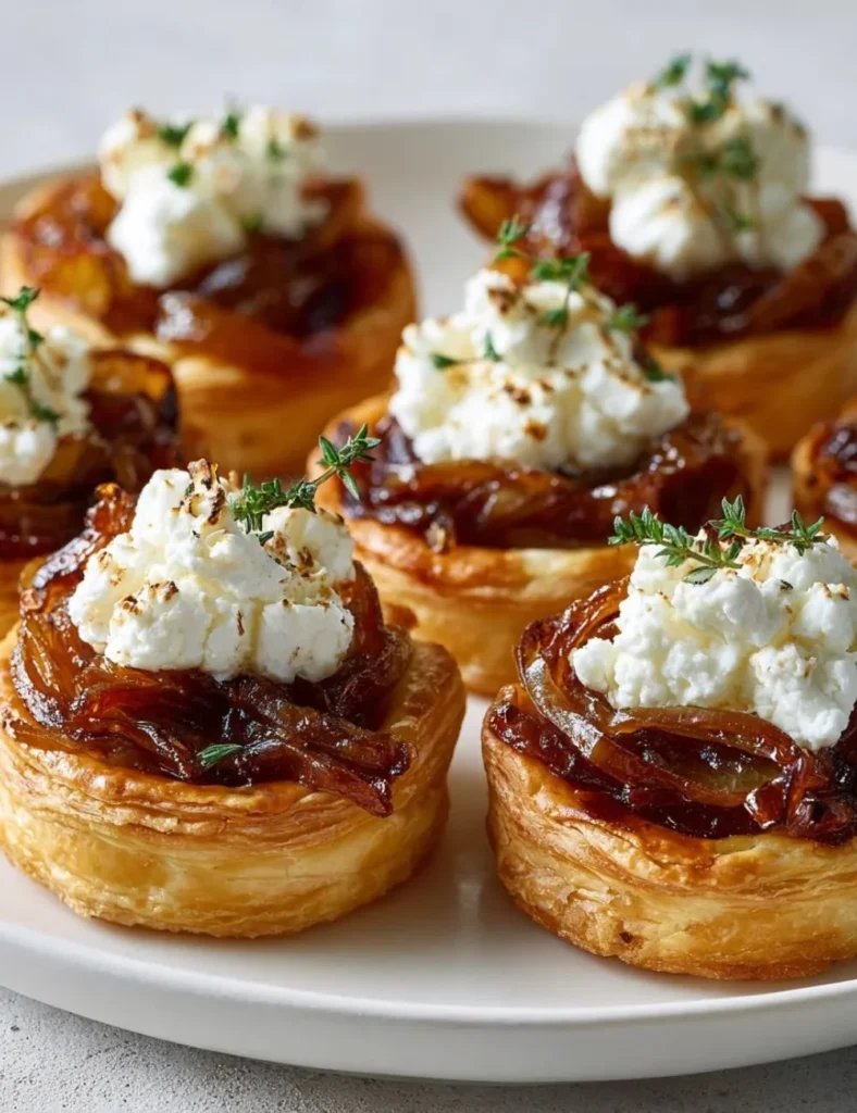 Caramelized onion and goat cheese tarts served on a wooden board