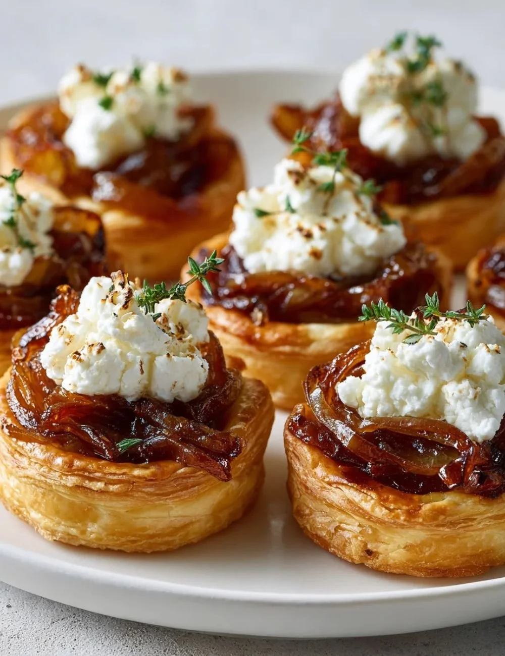 Caramelized onion and goat cheese tarts served on a wooden board