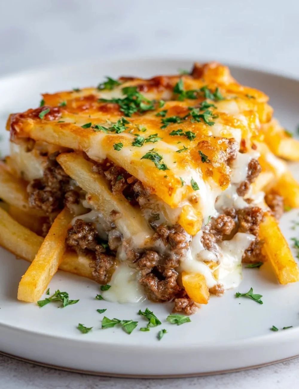 Delicious cheeseburger French fry casserole topped with cheese and crispy fries.