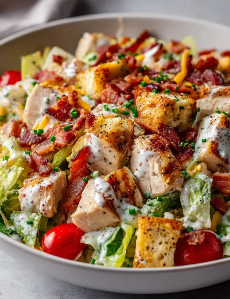 Delicious Chicken Beef Bacon Ranch Chopped Salad with fresh ingredients
