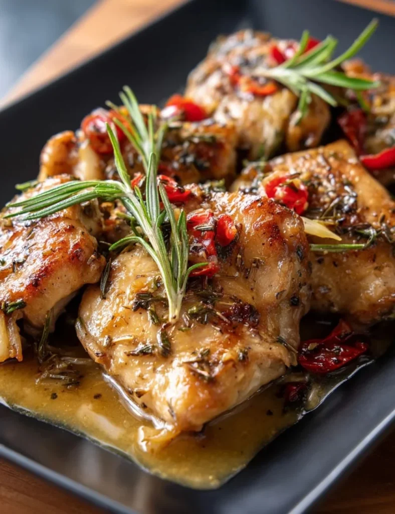 Plate of Chicken Scarpariello with peppers and herbs