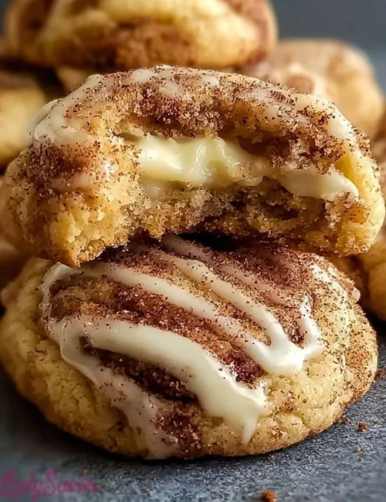 Delicious cinnamon roll cheesecake cookies on a baking sheet