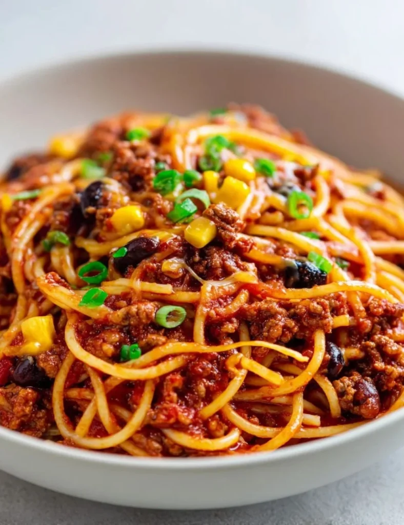 Delicious Cowboy Spaghetti served in a rustic bowl with fresh ingredients