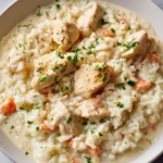 Creamy chicken and rice dish prepared in an Instant Pot, served in a bowl.
