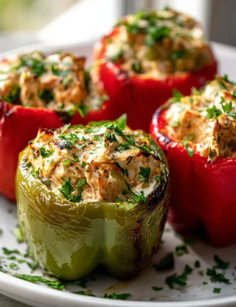 Creamy chicken stuffed peppers filled with a savory, cheesy mixture