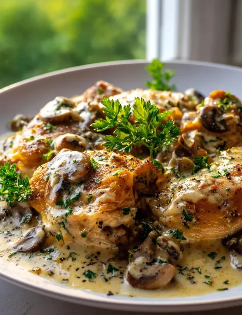 Creamy garlic mushroom chicken thighs garnished with herbs