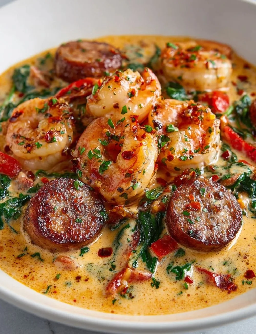 Creamy spicy keto shrimp and sausage skillet garnished with fresh herbs