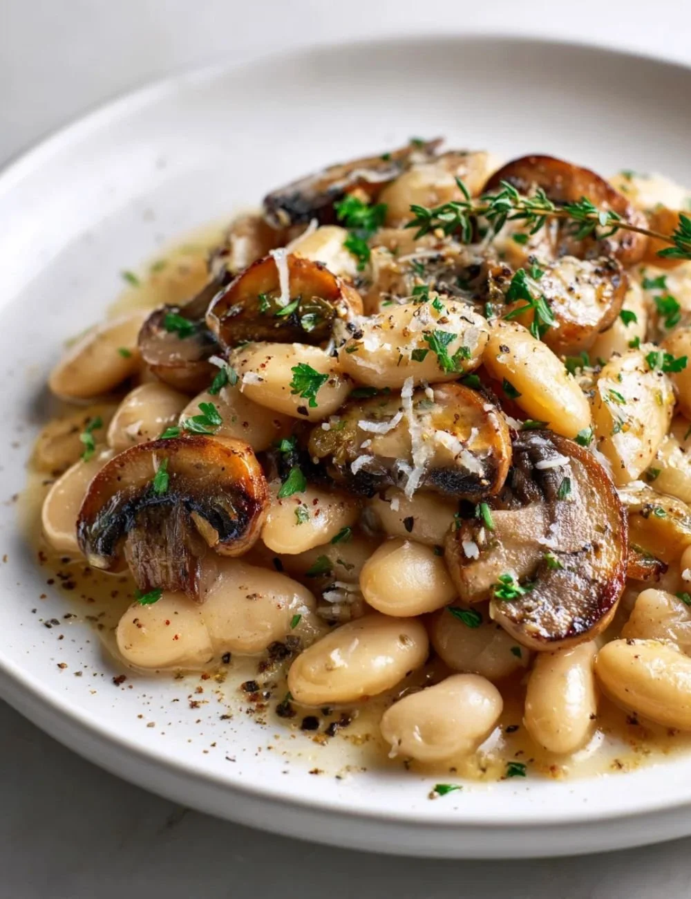 Creamy white bean and mushroom skillet dish served in a pan