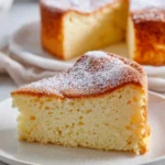 Sliced creamy yogurt cake on a white plate with fresh fruits