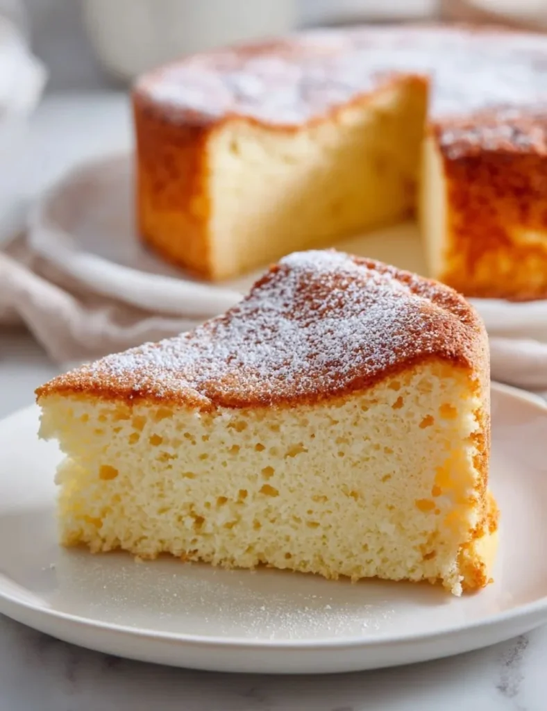 Sliced creamy yogurt cake on a white plate with fresh fruits