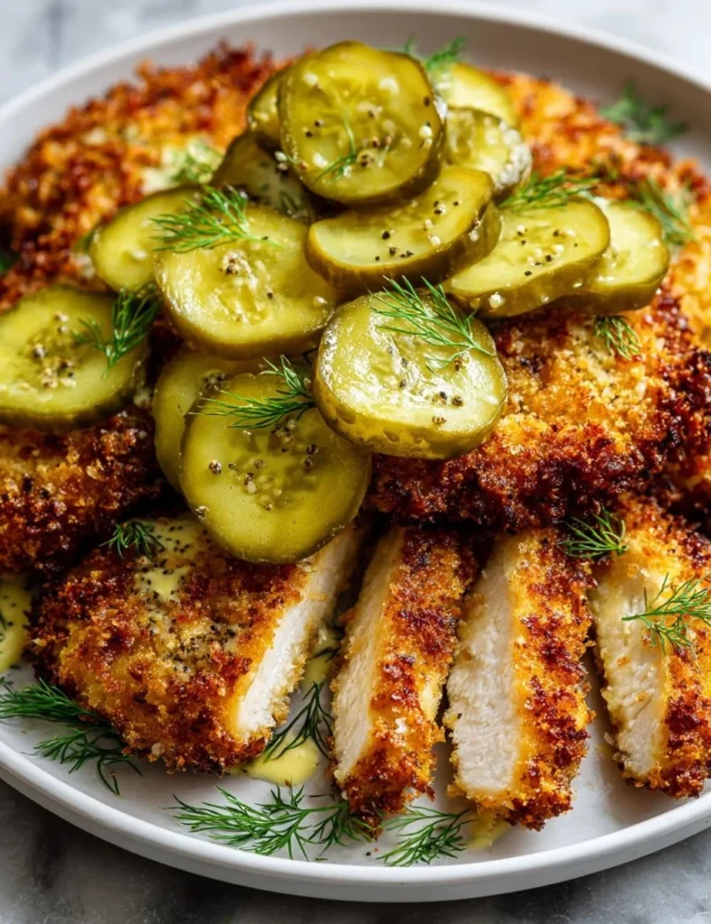 Crispy Dill Pickle Chicken with a Parmesan crust served on a plate