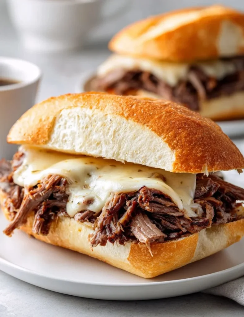 Delicious Crockpot French dip sandwiches served with au jus for dipping.
