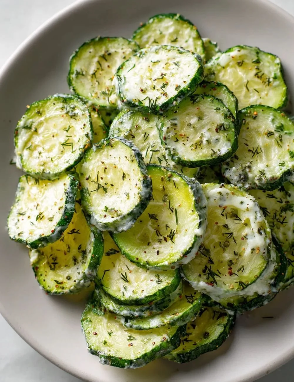 Crunchy ranch cucumber chips in a bowl
