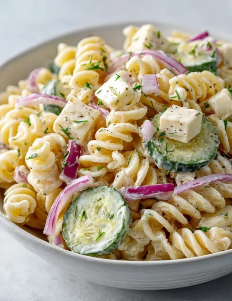 Dill Pickle Pasta Salad with fresh ingredients in a bowl