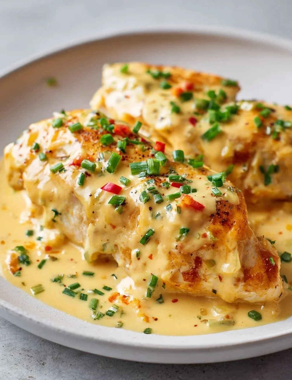 Easy baked queso chicken topped with melted cheese and spices on a plate