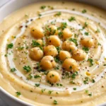 Bowl of Easy Garlic Chickpea Soup garnished with herbs