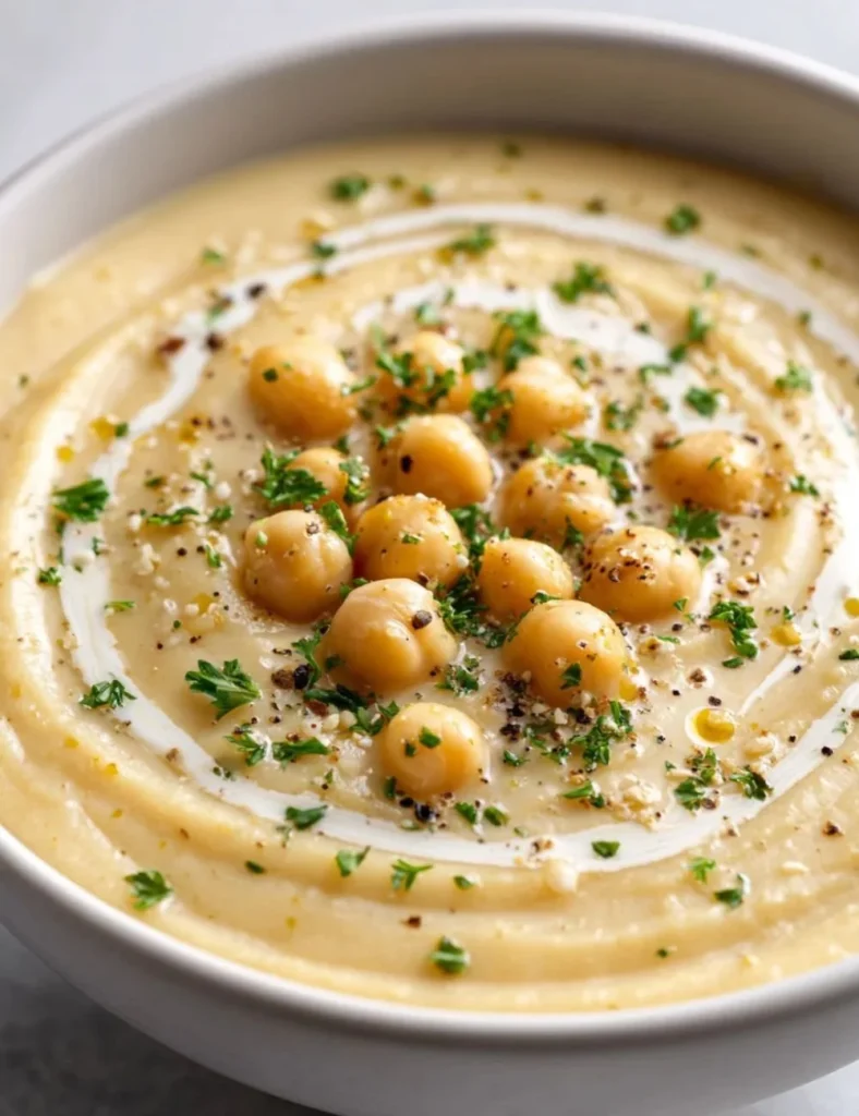 Bowl of Easy Garlic Chickpea Soup garnished with herbs