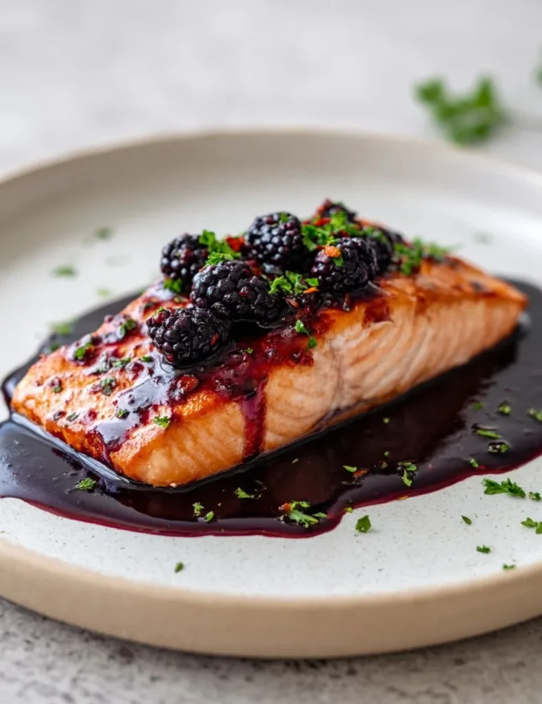 Delicious easy spicy blackberry balsamic glazed salmon on a plate