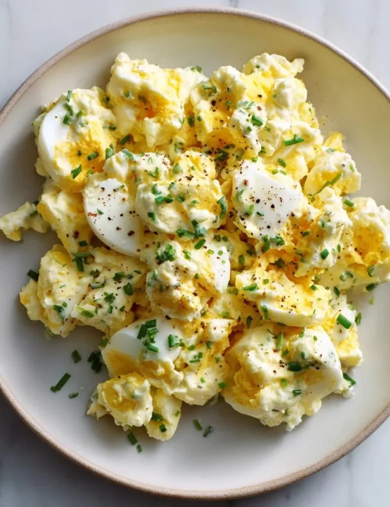 Egg salad with cottage cheese served in a bowl, garnished with herbs.