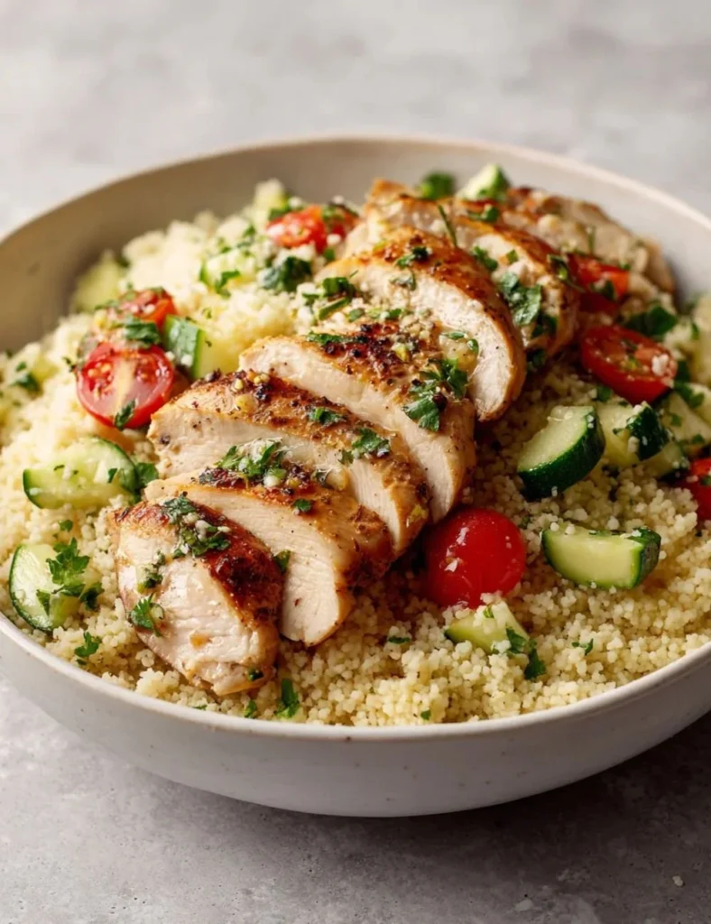 Lemon herb grilled chicken served over couscous with fresh vegetables.