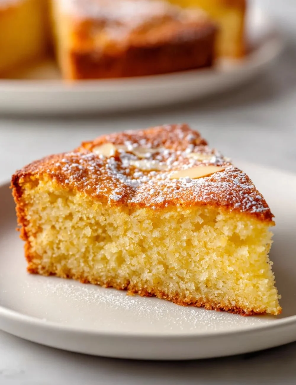 Flourless Lemon Almond Cake with a slice garnished with lemon zest and almonds