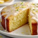 Flourless Lemon Greek Yogurt Cake topped with fresh lemon slices and mint