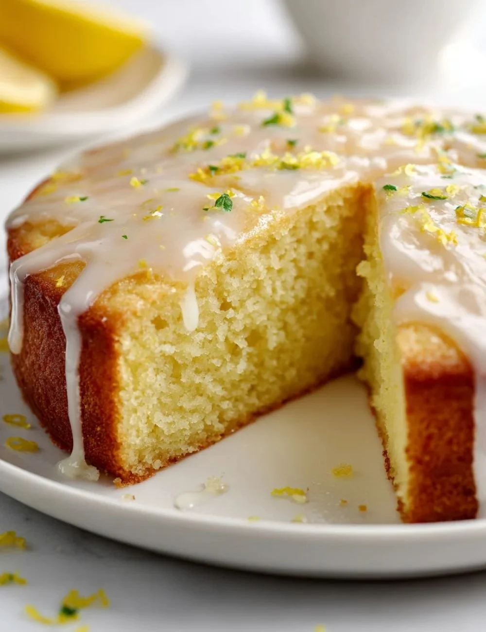Flourless Lemon Greek Yogurt Cake topped with fresh lemon slices and mint