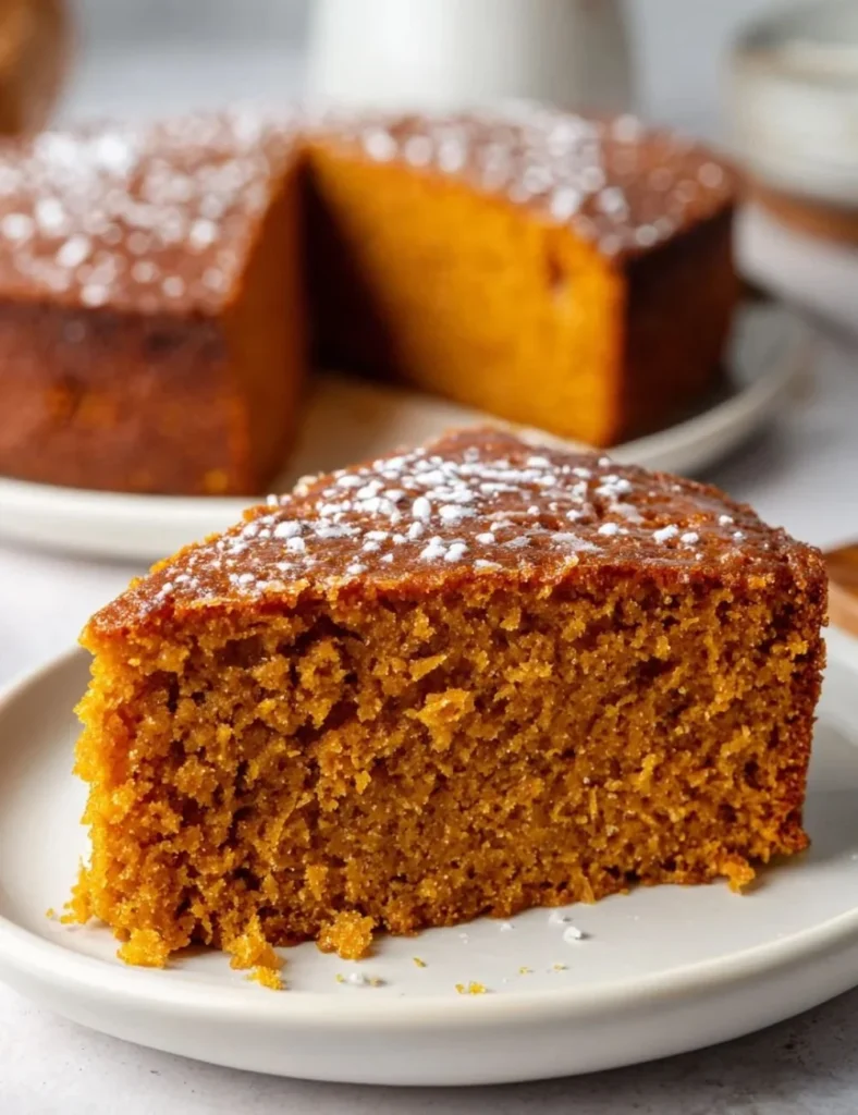 Flourless sweet potato cake topped with gin extract glaze and garnished with herbs.