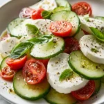 Fresh Cucumber Caprese Salad with tomatoes and mozzarella on a plate