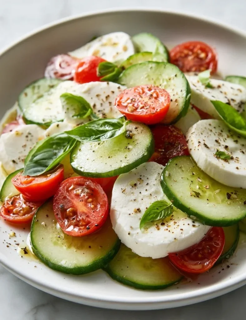 Fresh Cucumber Caprese Salad with tomatoes and mozzarella on a plate