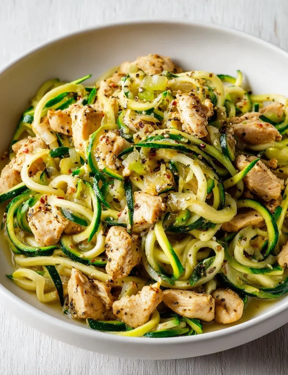 Garlic chicken stir fry with zucchini noodles and fresh vegetables